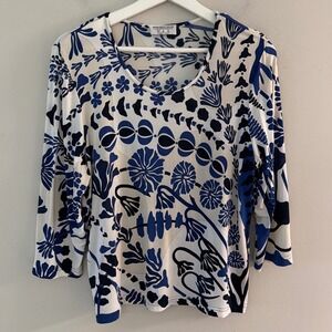 Averardo Bessi Italy Blue White Floral 3/4 Sleeve Viscose Stretch Top Size 12